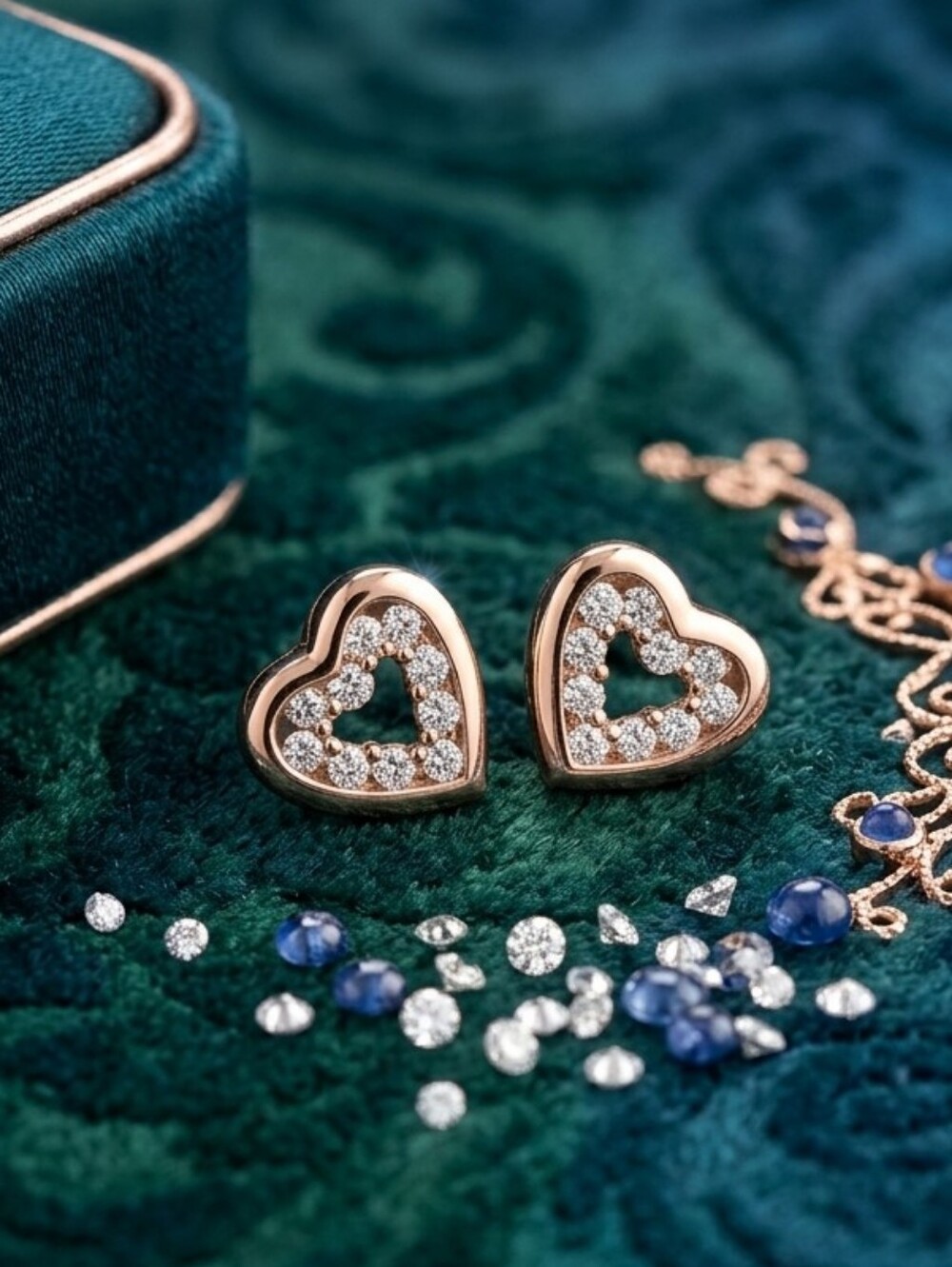 Sterling Silver S925 Rose Gold Heart Crystal Stud Earrings